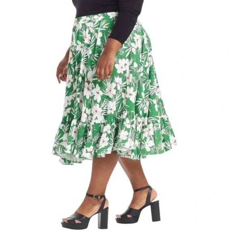 Pari Passu Plus Size 14 Floral Tiered‎ Midi Skirt Green White Resort Boho NWOT